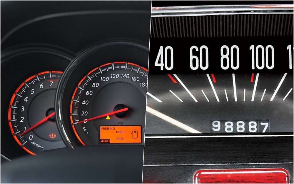 Слева красные метки на 30 и 50 км/ч (распространенные ограничения скорости в Европе). Справа: метки, которые обозначают максимально допустимую скорость движения на 1-й, 2-й и 3-й передачах.
