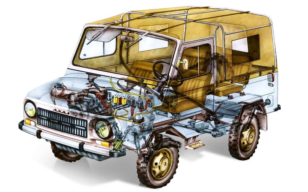 ЛуАЗ‑969 - компактный внедорожник с колесной базой всего 1900 мм. Кузов - несущий. Снаряженная масса - 820 кг, у более поздней версии ЛуАЗ‑969М (на фото) - 920 кг. Автомобиль имел подключаемый задний привод, основной - передний. Выпуск начали в 1967 году. Первые машины из-за производственных проблем делали переднеприводными.