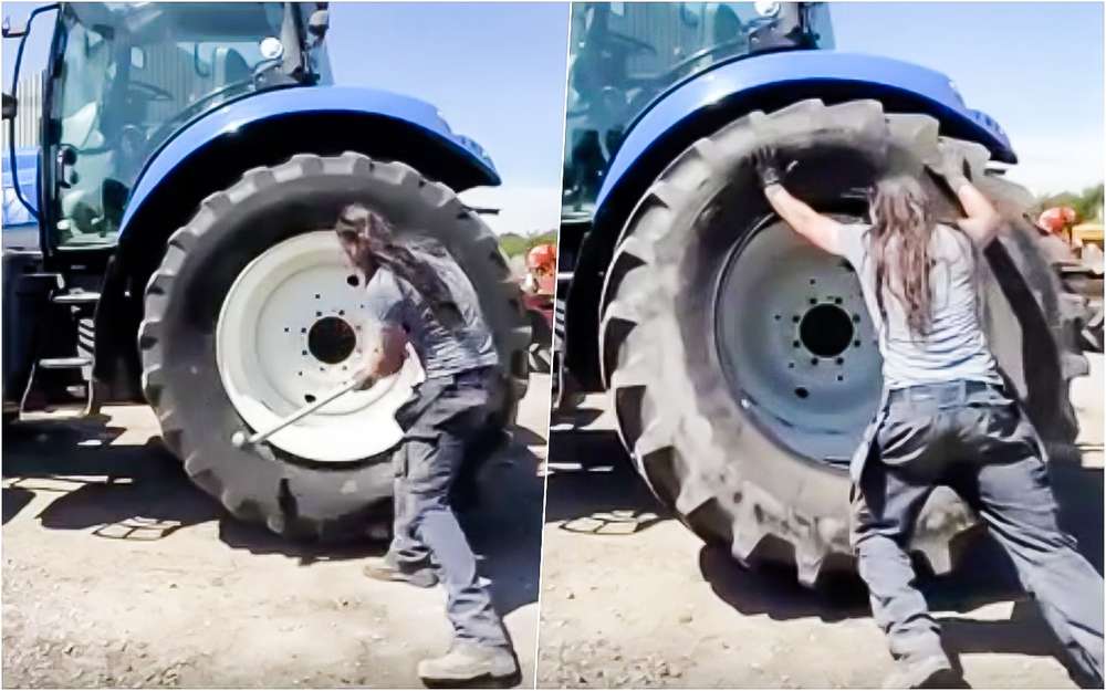 Красивая работа: перебортовка колеса трактора в два счета (видео)