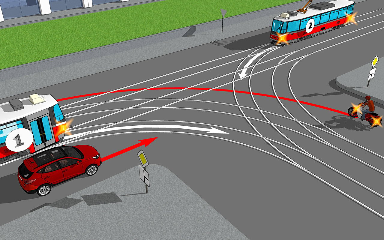 Помеха трамваю. Регулируемый перекресток с трамваем. Перекресток с трамвайными путями. ПДД перекресток с трамвайными путями. Трамваи на перекрестках ПДД.
